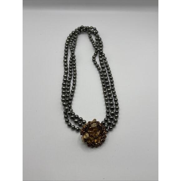 Vintage Eugene Triple Strand Faux Bk Pearl Necklace w/ Rhinestone Flower Pendant - Picture 5 of 10